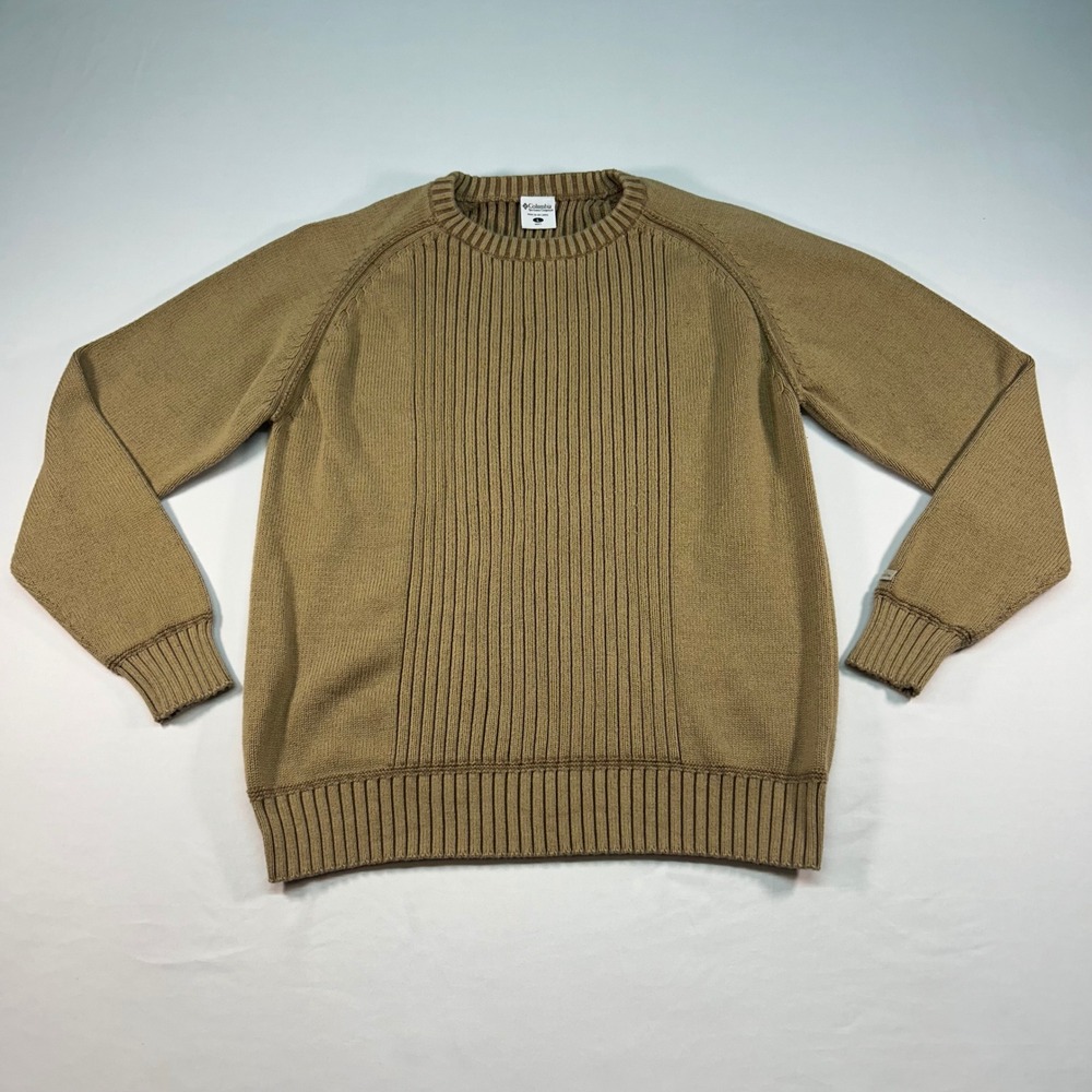 Columbia Mens Crewneck Ribbed Knit Sweater‎ Tan Khaki Large Raglan Sleeve